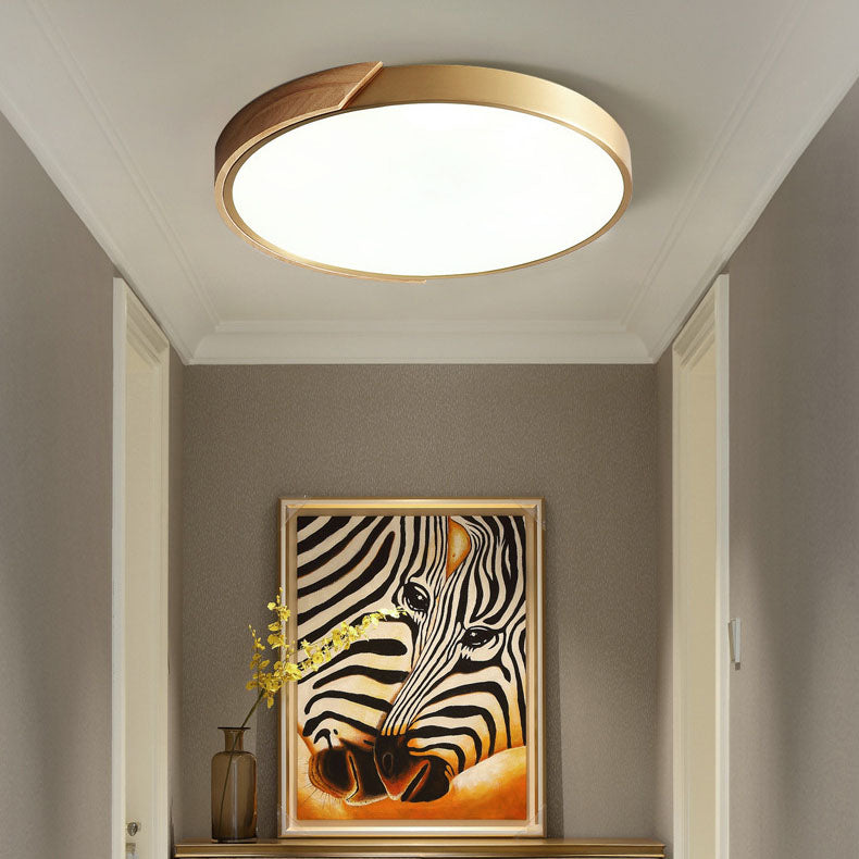 Modern Light Luxury Round All Copper Wood LED Flush Mount Lighting