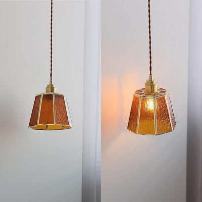 Modern Art Deco Water-grain Glass Polygonal Shade Brass 1-Light Pendant Light for Living Room