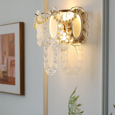 Contemporary Luxury Gold Finish Frame Pearl Water Grain Glass Sheet 2-Light Wall Sconce Lamp For Living Room