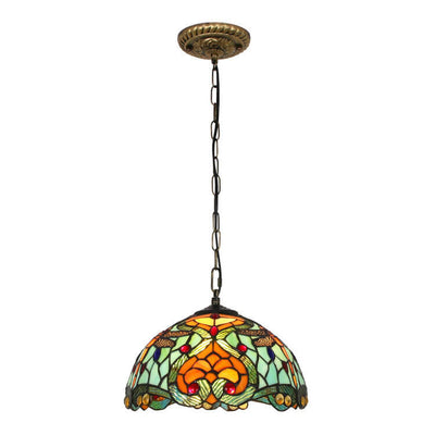 European Vintage Tiffany Stained Glass Metal 1-Light Pendant Light