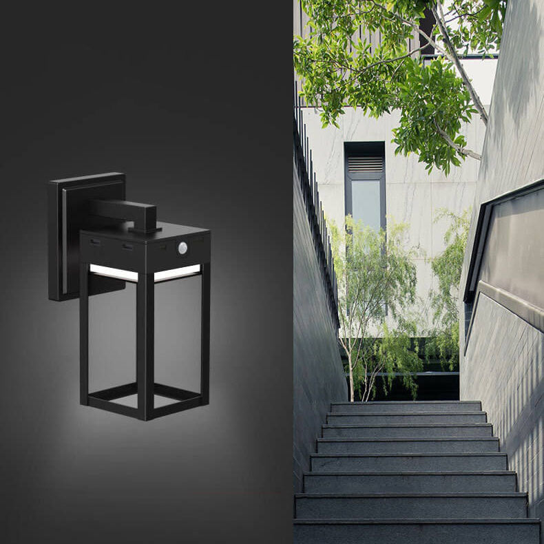 Solar Outdoor Modern Square Cage Body Sensor LED Wall Sconce Lamp