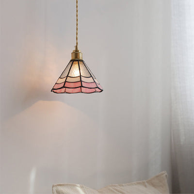 Japanese Vintage Pink Striped Cone Glass 1-Light Pendant Light