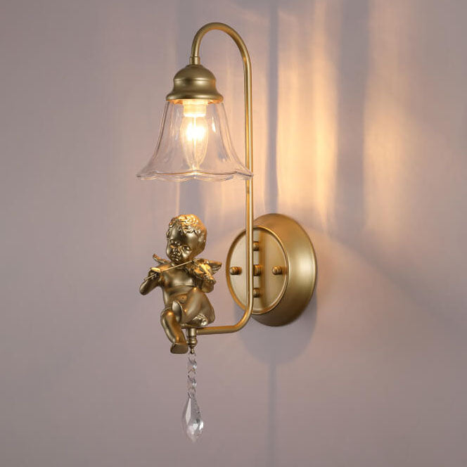 French Vintage Glass Cone Angel 1-Light Wall Sconce Lamp