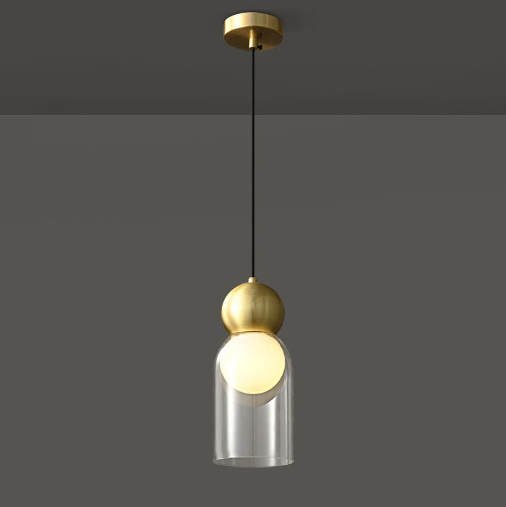 Lampe suspendue moderne à 1 lumière avec colonne en verre et boule de cuivre 