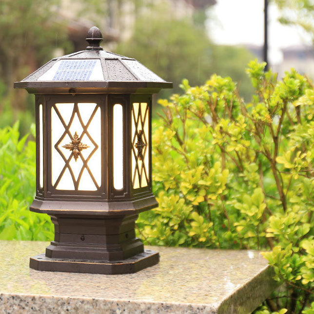 Solar European Hexagon Cage Column LED Outdoor Patio Post Head Landscape Light