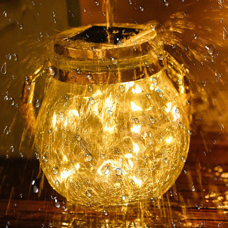 Solar Crackle Round Glass Jar LED Outdoor Garden Decorative Light