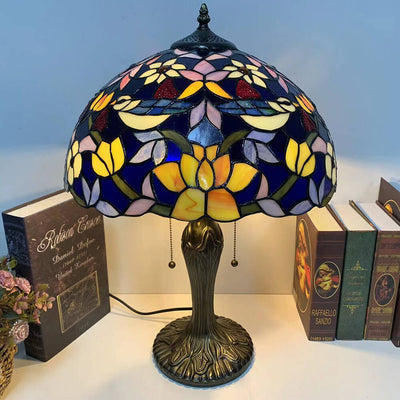 Lampe de table à 1 lumière en forme de fleur en vitrail en fer de luxe Tiffany 