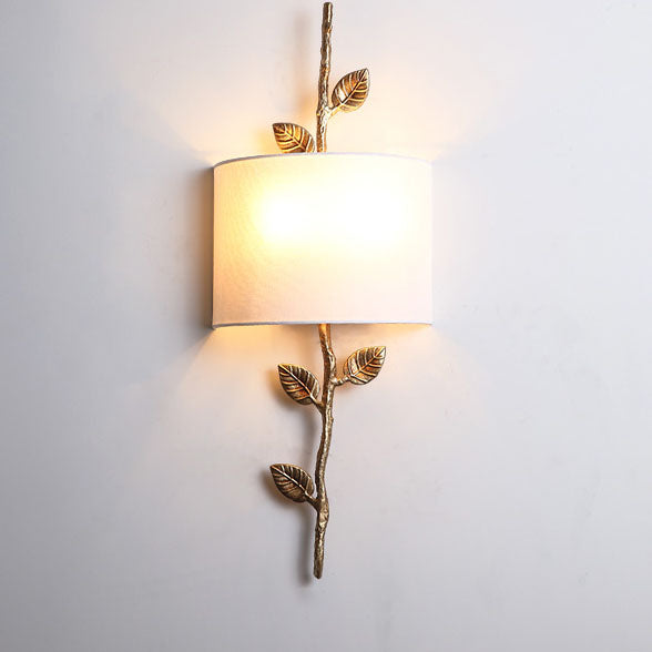 Nordic Light Luxury Brass Branch Leaf Fabric 2-Light Wall Sconce Lamp