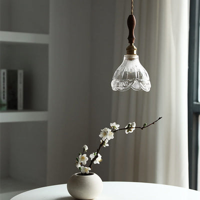 Japanese Patterned Glass Walnut 1-Light Pendant Light