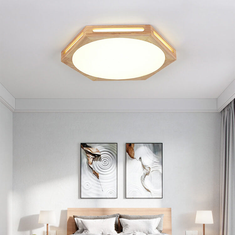 Nordic Minimalist Hexagonal Hollow Rubberwood Acrylic LED Flush Mount Ceiling Light