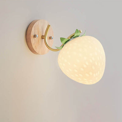 Contemporary Scandinavian Strawberry Pumpkin Rubberwood Glass 1-Light Wall Sconce Lamp For Bedroom