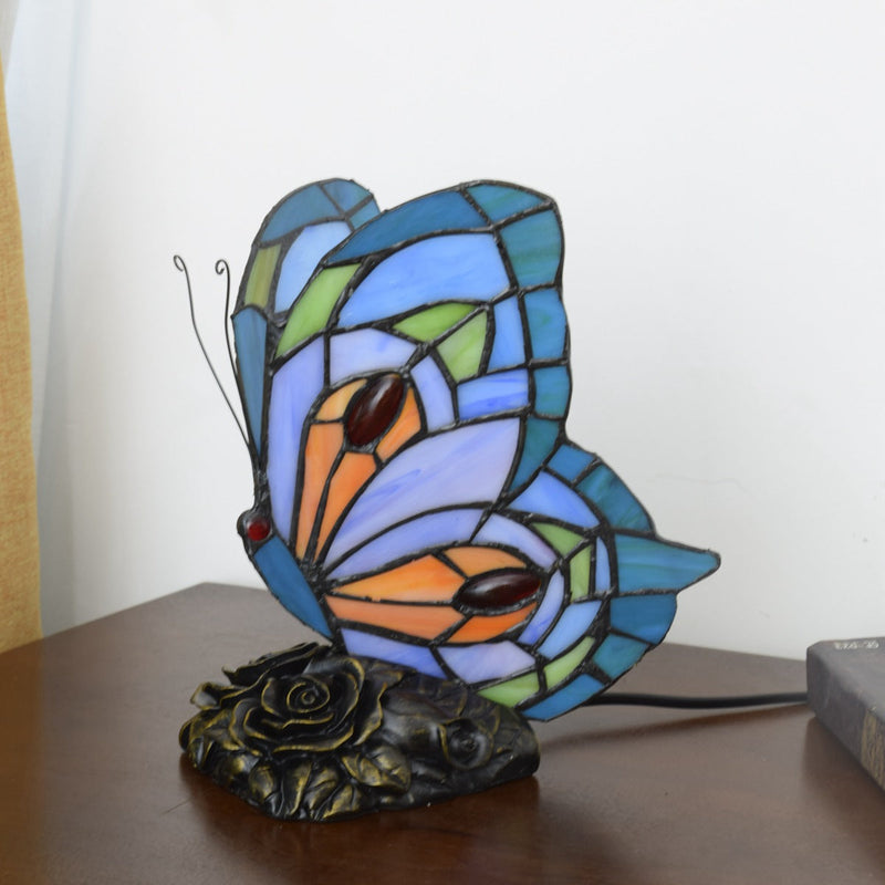 European Vintage Tiffany Butterfly Stained Glass Iron 1-Light Table Lamp