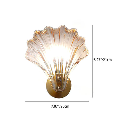 Modern Art Deco Scalloped Shell Amber Glass Shade Brass Frame 1-Light Wall Sconce Lamp For Bedroom