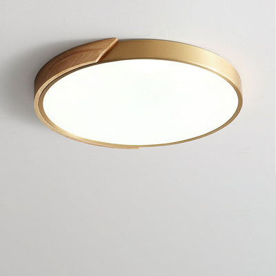 Modern Light Luxury Round All Copper Wood LED Flush Mount Lighting