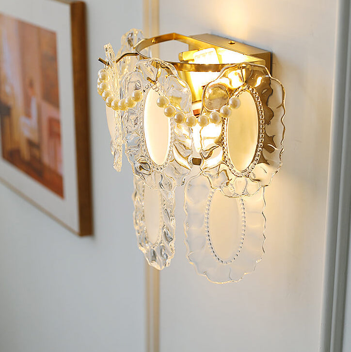 Contemporary Luxury Gold Finish Frame Pearl Water Grain Glass Sheet 2-Light Wall Sconce Lamp For Living Room