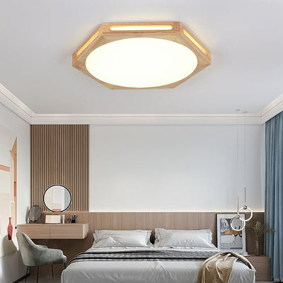 Nordic Minimalist Hexagonal Hollow Rubberwood Acrylic LED Flush Mount Ceiling Light