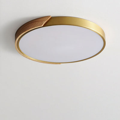 Modern Light Luxury Round All Copper Wood LED Flush Mount Lighting