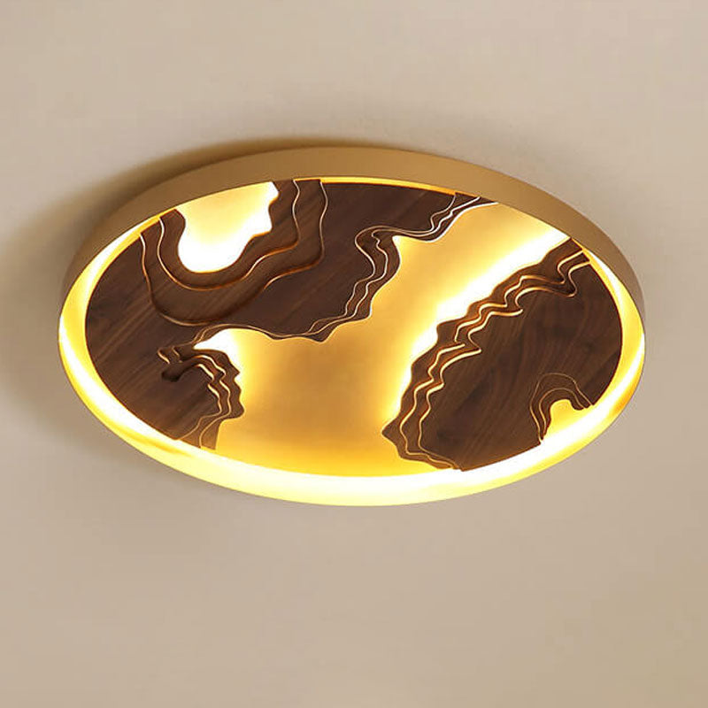 Modern Solid Wood Round Landscape LED Flush Mount Ceiling Light