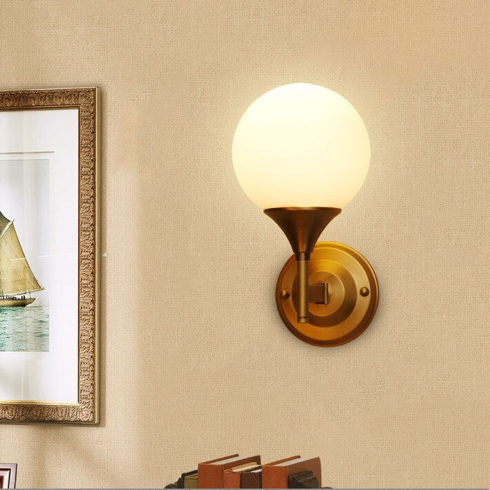 Modern Minimalist Pure Gold White Orb Copper Frosted Glass 1-Light Wall Sconce Lamp