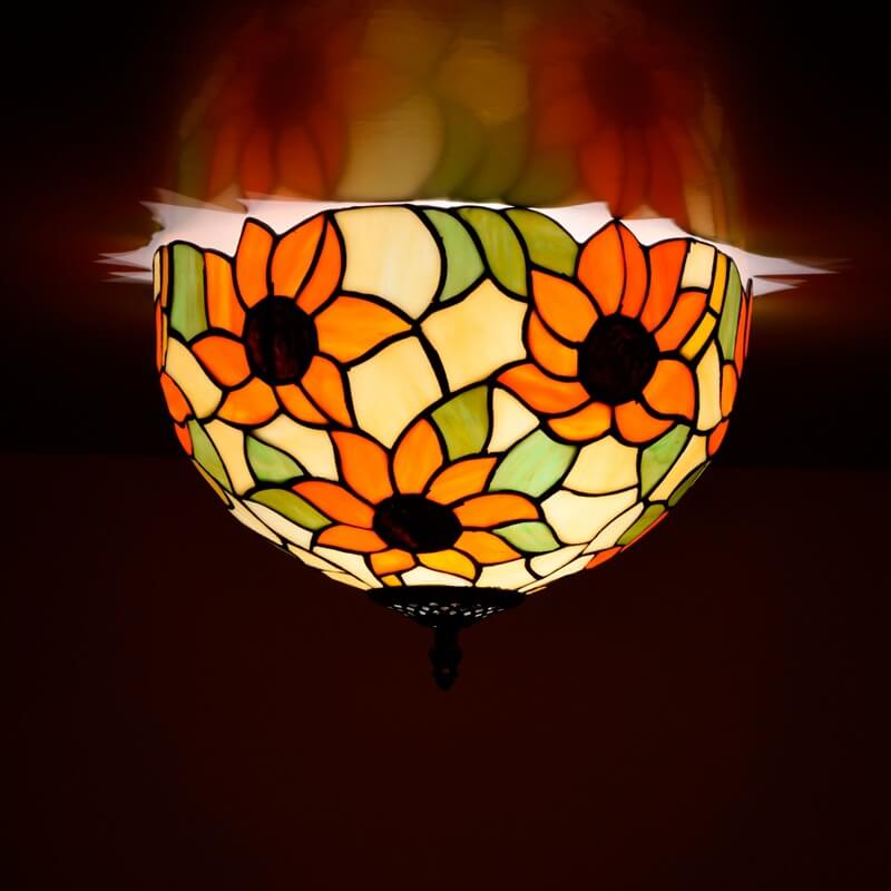 Vintage Tiffany Sunflower Buntglas 2-flammige Unterputz-Deckenleuchte 