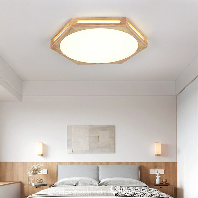 Nordic Minimalist Hexagonal Hollow Rubberwood Acrylic LED Flush Mount Ceiling Light