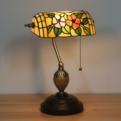 European Tiffany Flower Glass 1-Light Banker Table Lamp