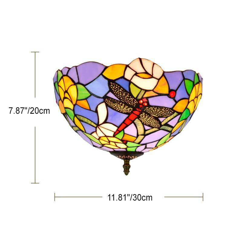 Tiffany Dragonfly Flower Stained Glass Bowl 2-Light Flush Mount Ceiling Light