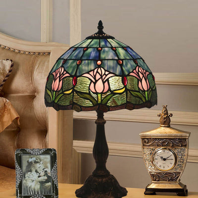 European Vintage Tulip Stained Glass Dome 1-Light Table Lamp