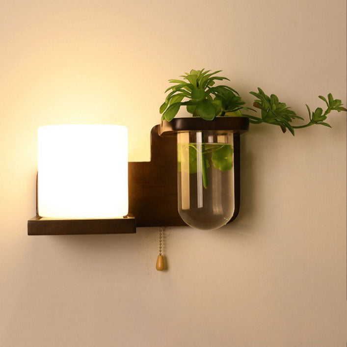 Nordic Creative Walnut Glass Pull Cord 1-Light Wall Sconce Lamp