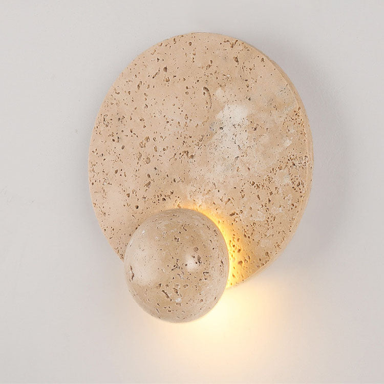 Traditional Japanese Round Yellow Travertine LED Wall Sconce Lamp For Bedroom