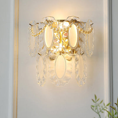 Contemporary Luxury Gold Finish Frame Pearl Water Grain Glass Sheet 2-Light Wall Sconce Lamp For Living Room