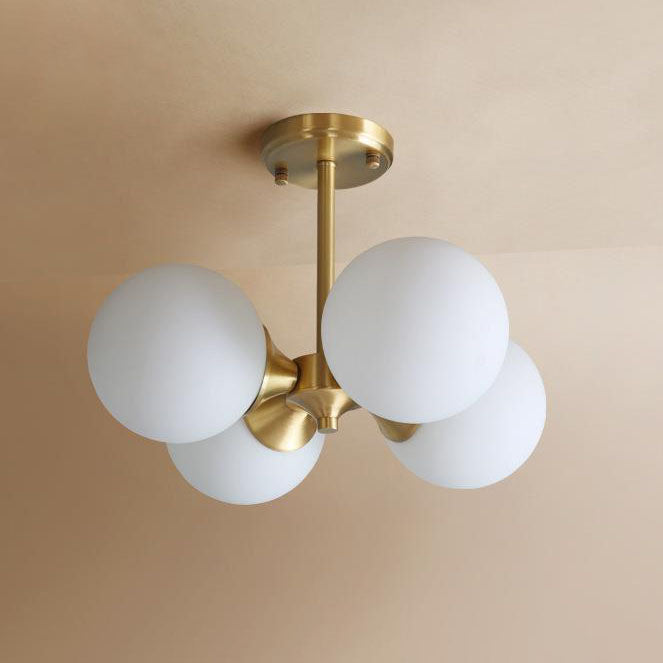 Modern Mid-Century Gold Finish Frame Glass Globe Ball 4-Light Chandelier For Living Room