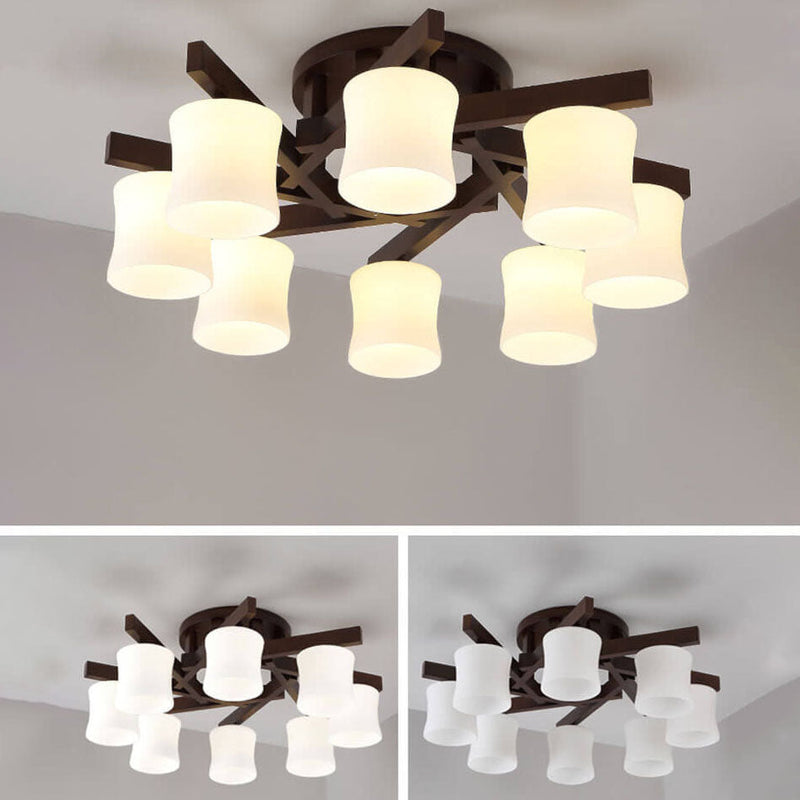 Modern Walnut Solid Glass Cylinder Shade 3/5/8 Light Semi-Flush Mount Ceiling Light