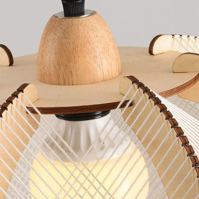 Traditional Japanese Wooden Frame Linen Thread Weaving Cage Shape 1-Light Pendant Light For Living Room