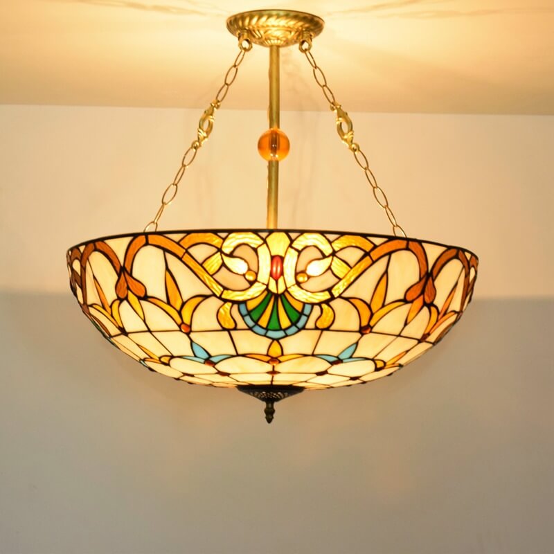 Tiffany Baroque Buntglas-Kronleuchter mit 5 Leuchten in Gold 