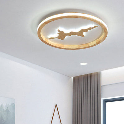Nordic Round Solid Wood Zen LED Flush Mount Ceiling Light