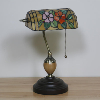 European Tiffany Flower Glass 1-Light Banker Table Lamp