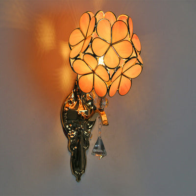 European Vintage Tiffany Flower Shaped Gold Frame Glass Metal 1-Light Wall Sconce Lamp