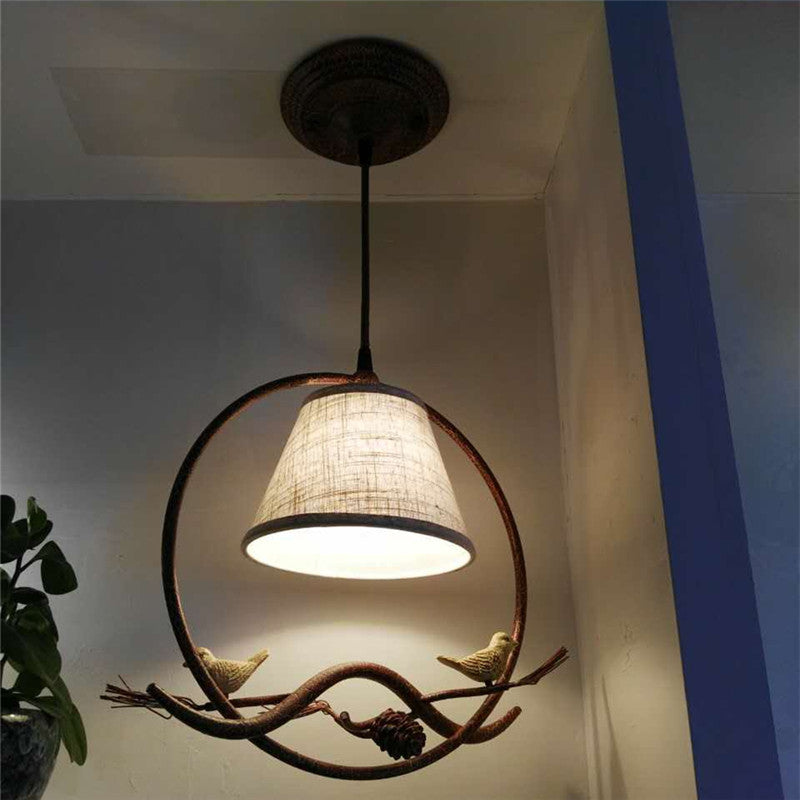 Traditional Rustic Fabric Shade Iron Ring Resin Bird 1-Light Pendant Light For Bedroom