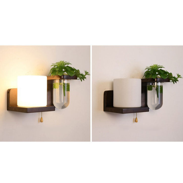 Nordic Creative Walnut Glass Pull Cord 1-Light Wall Sconce Lamp