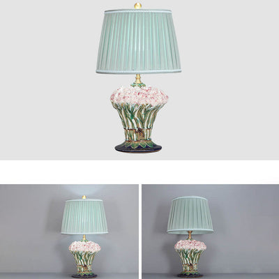 European Idyllic Green Pleated Fabric Ceramic Base 1-Light Table Lamp