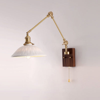 Traditional Japanese Brass Lamp Arm Ceramic Glass Round Shade 1-Light Wall Sconce Lamp For Bedroom