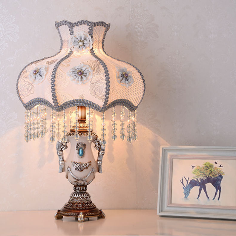 Traditional European Round Floral Beaded Resin Fabric 1-Light Table Lamp For Bedroom