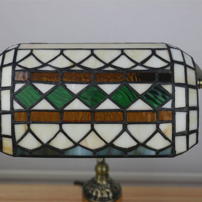 Vintage Tiffany Diamond Line Stained Glass 1-Light Bank Table Lamp