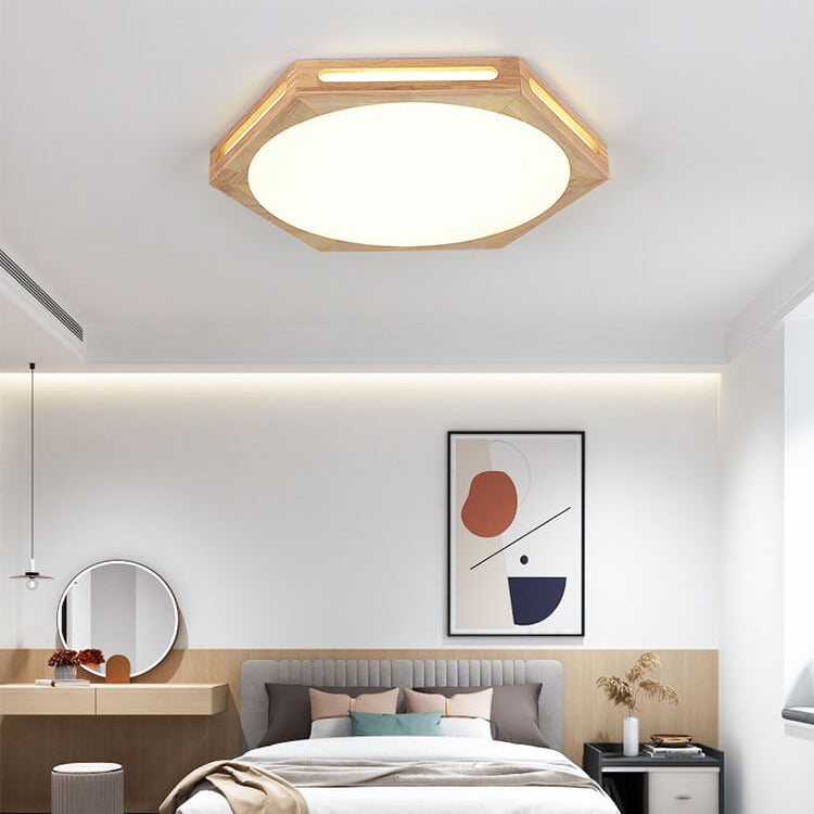 Nordic Minimalist Hexagonal Hollow Rubberwood Acrylic LED Flush Mount Ceiling Light