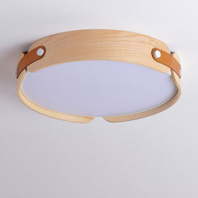 Modern Minimalist Solid Wood Round Leather Design LED Flush Mount Ceiling Light