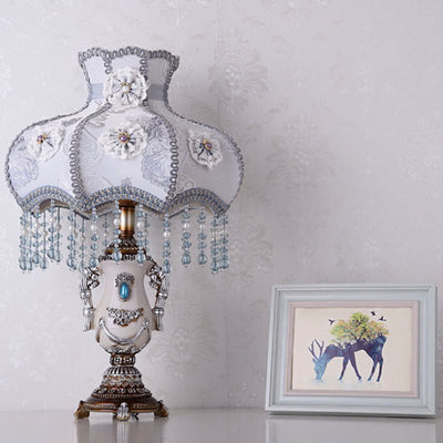 Traditional European Round Floral Beaded Resin Fabric 1-Light Table Lamp For Bedroom