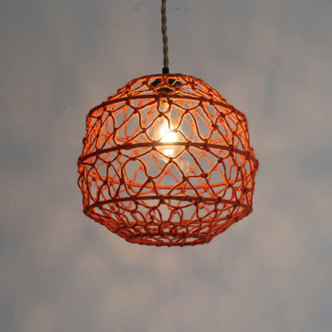 Modern Minimalist Woven Hemp Rope Wrought Iron Lantern 1-Light Pendant Light