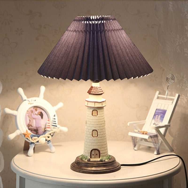 Creative Mediterranean Pleated Lampshade Lighthouse Base 1-Light Table Lamp