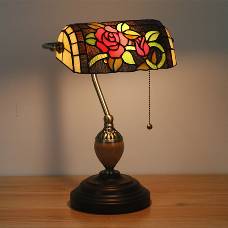 European Tiffany Flower Glass 1-Light Banker Table Lamp